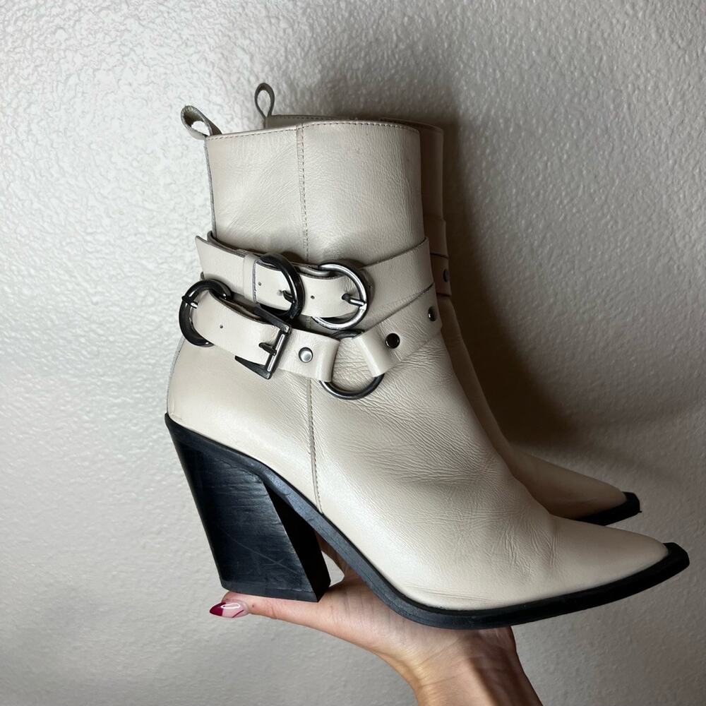 TOPSHOP Hadria Leather Cream Western Ankle Boots Pointed Toe Buckle Straps 39